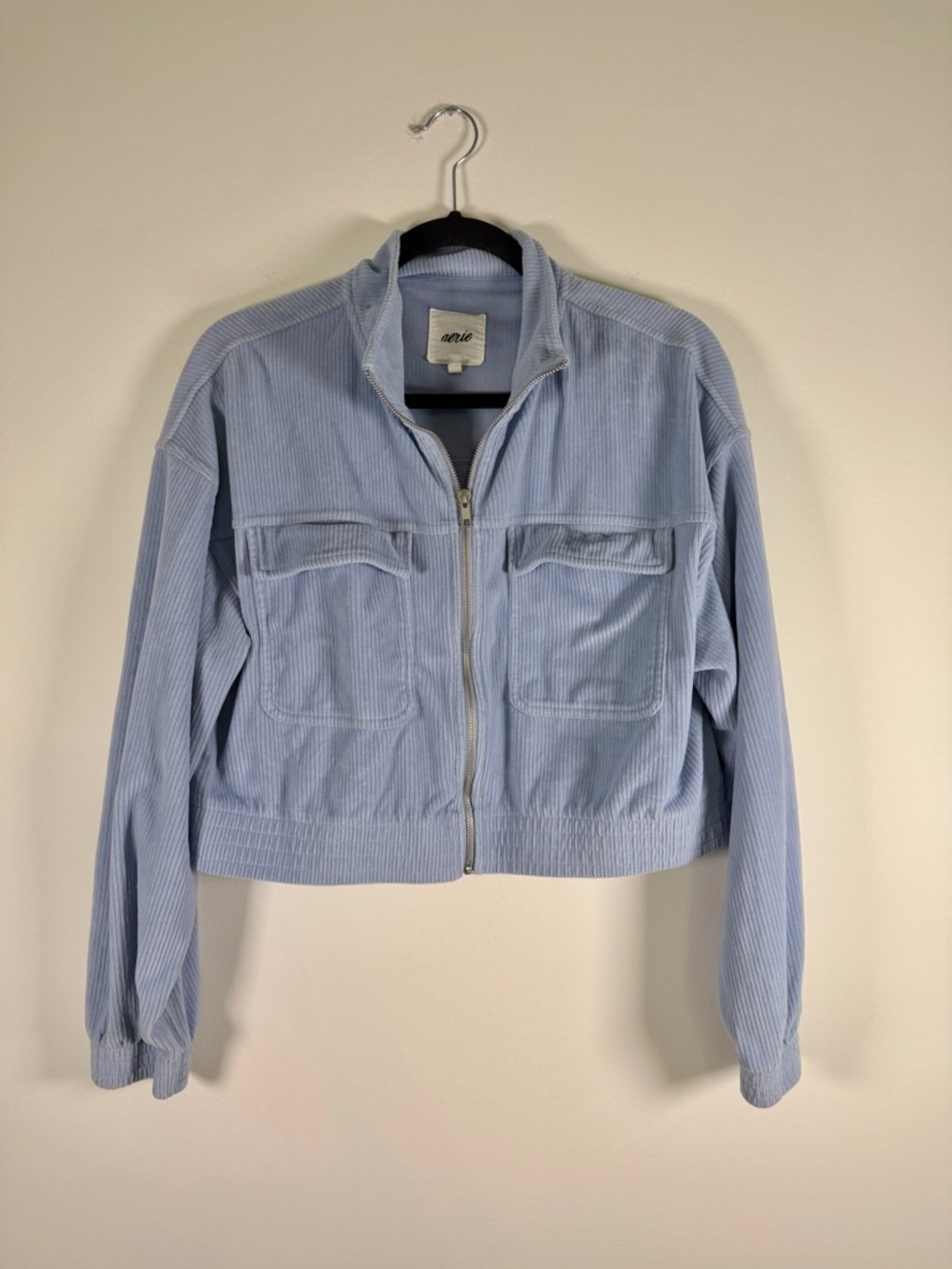 aerie Pale Blue Corduroy Zip-Up Crop Jacket